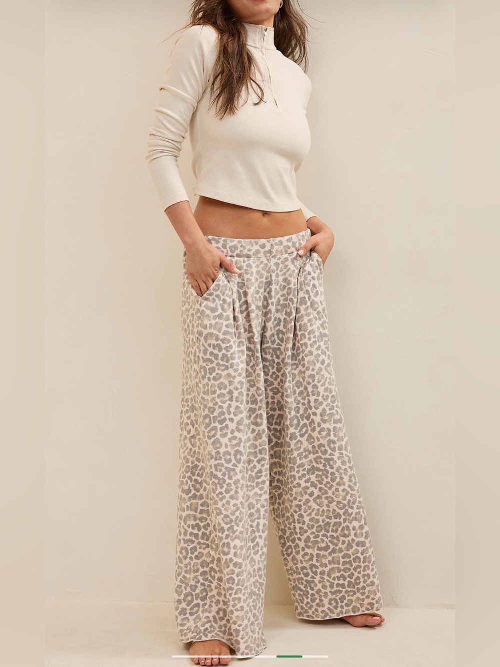 aerie Beige Leopard Wide-Leg Pants